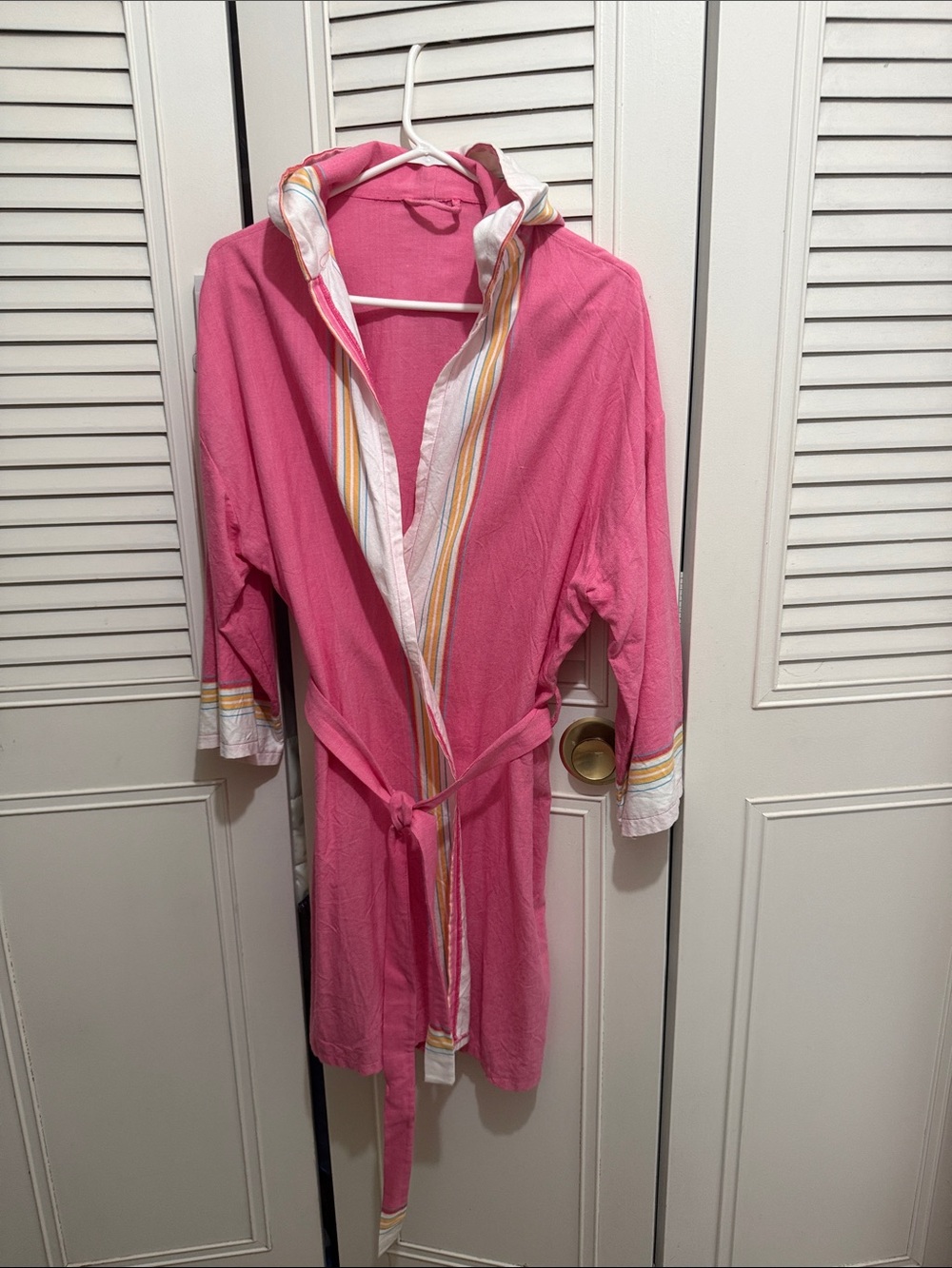 Women's Hooded Pink Cotton Robe with Striped Trim